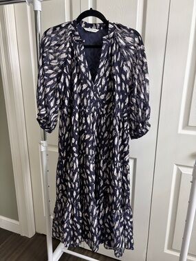 Amanda Uprichard Navy and White Tiered V-Neck Midi Dress